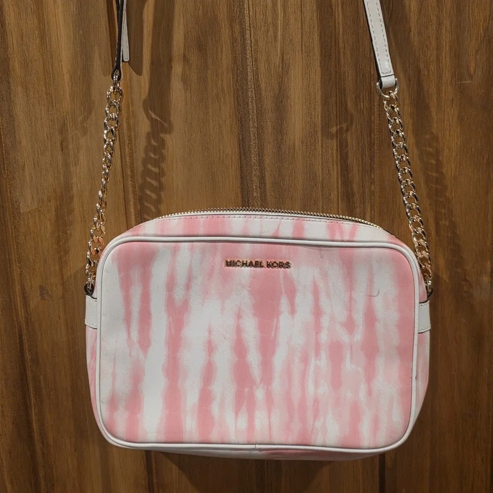 Michael Kors‎ Jet Set East West Crossbody Bag Womens Pink White Tie-Dye Leather